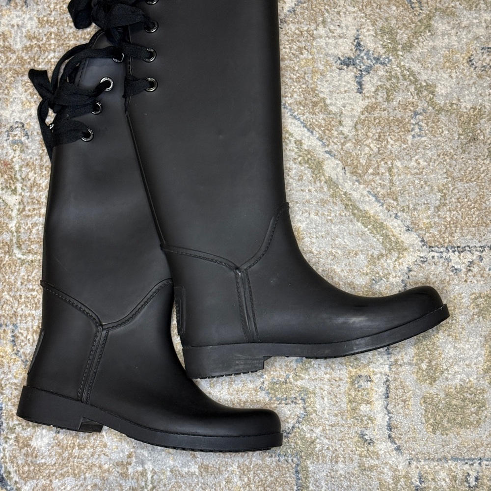 Tristee Black Coach Lace-Up Rubber Rain Boots Size 7B